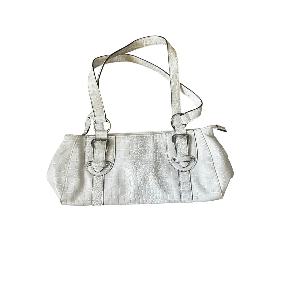 Croft & Barrow White Crocodile Embossed Faux Leather Shoulder Bag Silver Buckle